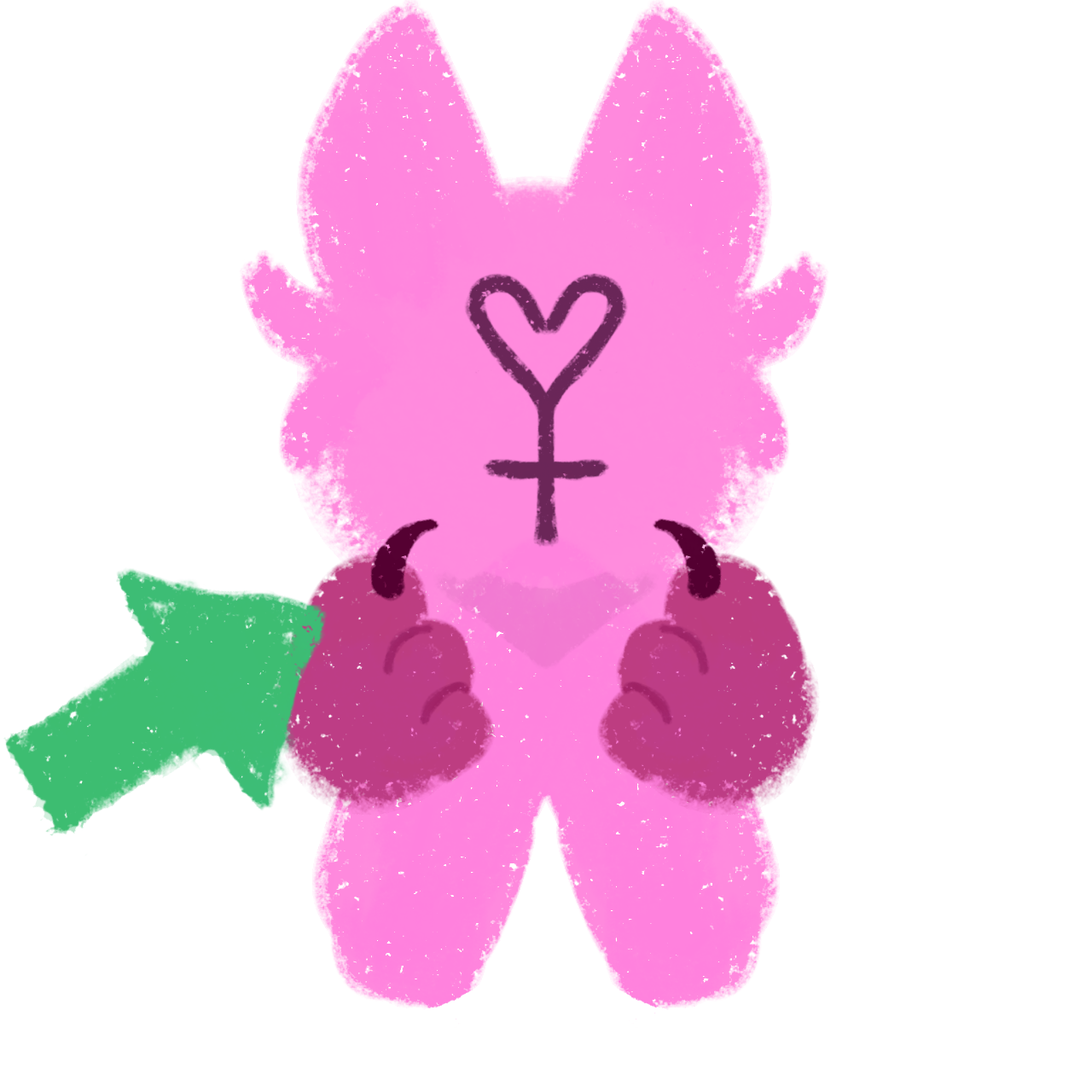  a simplified features a pink rounded figure with large pointed ears resembling a stylized animal or plush toy. A heart-like symbol with a cross underneath, indicating femininity, is drawn on the face. she's holding up two paws pointing to herself, A green arrow points towards the figure, highlighting its significance. and the illustration has a rough, textured appearance.